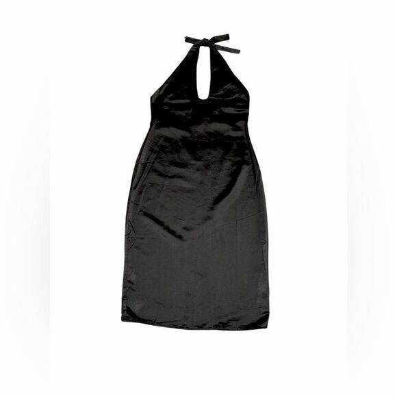 NWOT women’s JASON WU Black Satin Halter Plunging U Neckline Midi Dress SZ large - Picture 3 of 10